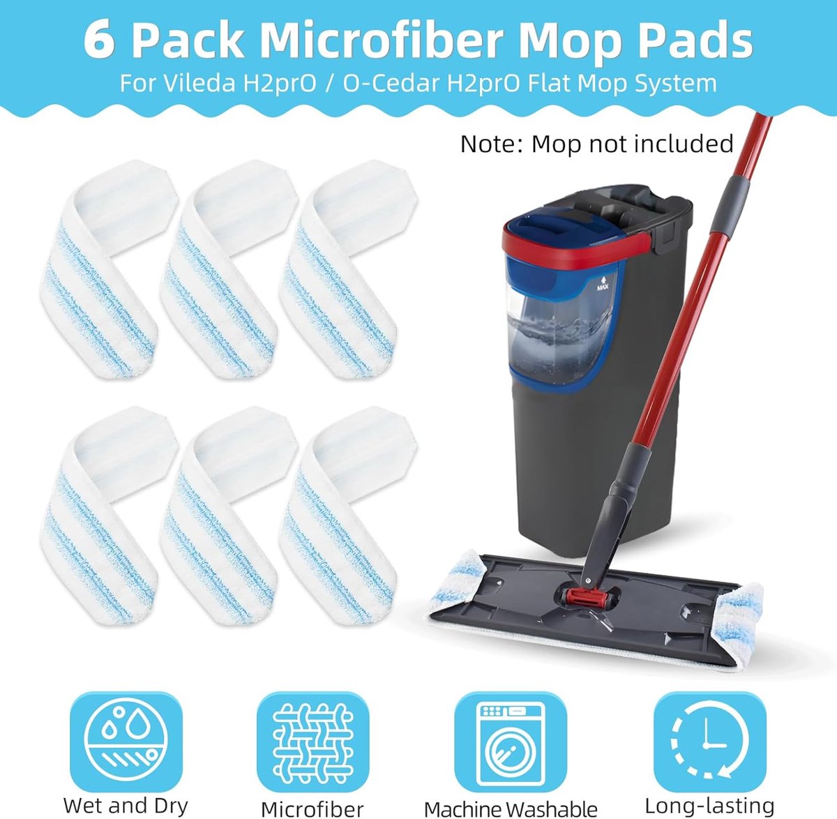 6-piece replacement mop pad set suitable for O Cedar H2prO mop system, suitable for Vileda H2PrO Flat Mop V1188-MS101-03055-1