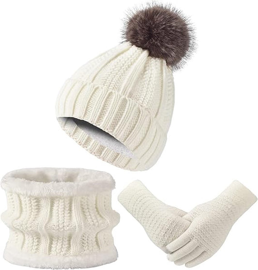 Hat with pompom, scarf and gloves - Three-piece Winter set - knitted fabrics - Warm Baggy Ski Hat - Winter V1188-MS101-03064-1