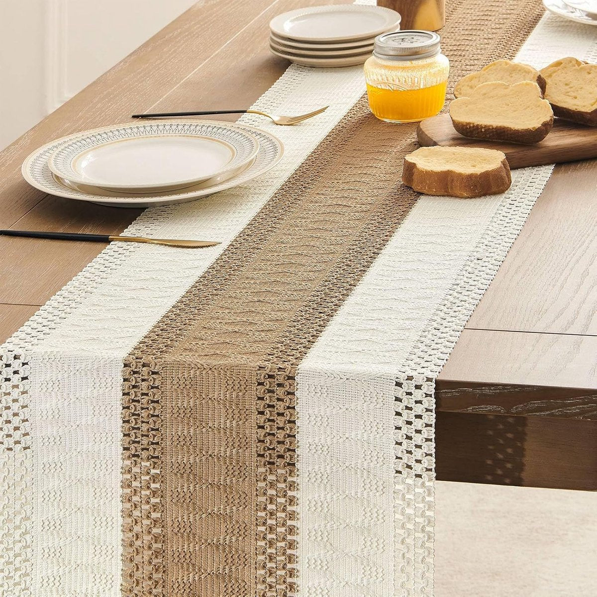 Table Runner - 30 x 183 cm - Bohemian Table Runner - Macrame Style Bicolor Stitching Table Runner - Small V1188-MS101-03133-1