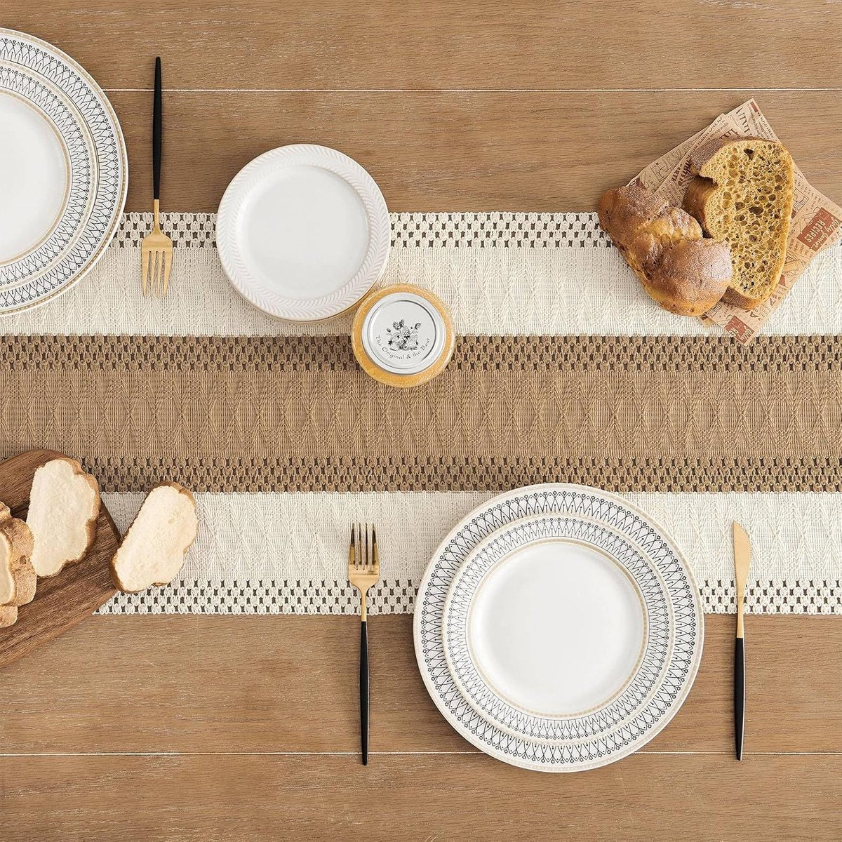 Table Runner - 30 x 183 cm - Bohemian Table Runner - Macrame Style Bicolor Stitching Table Runner - Small V1188-MS101-03133-1