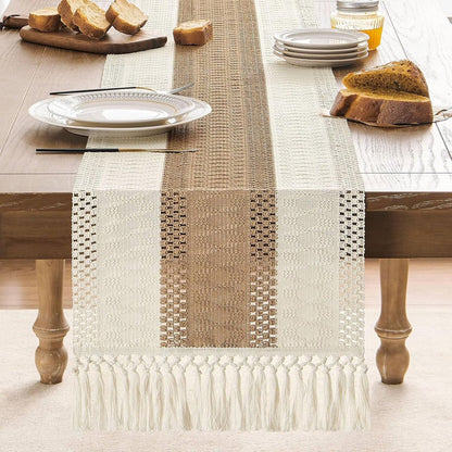Table Runner - 30 x 183 cm - Bohemian Table Runner - Macrame Style Bicolor Stitching Table Runner - Small V1188-MS101-03133-1