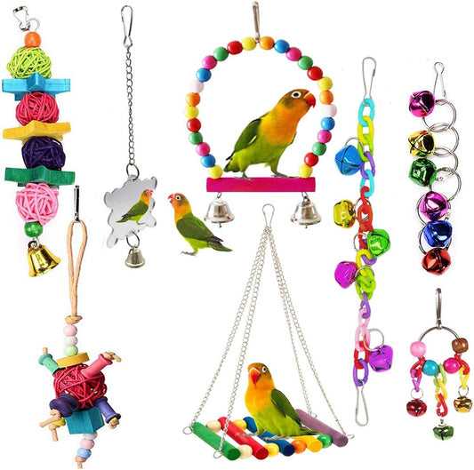8 pieces - Bird toys - Parrot toys - Parrot swing set - Chew toys - Wooden bells Hanging toys - Pet toys - V1188-MS101-03175-1
