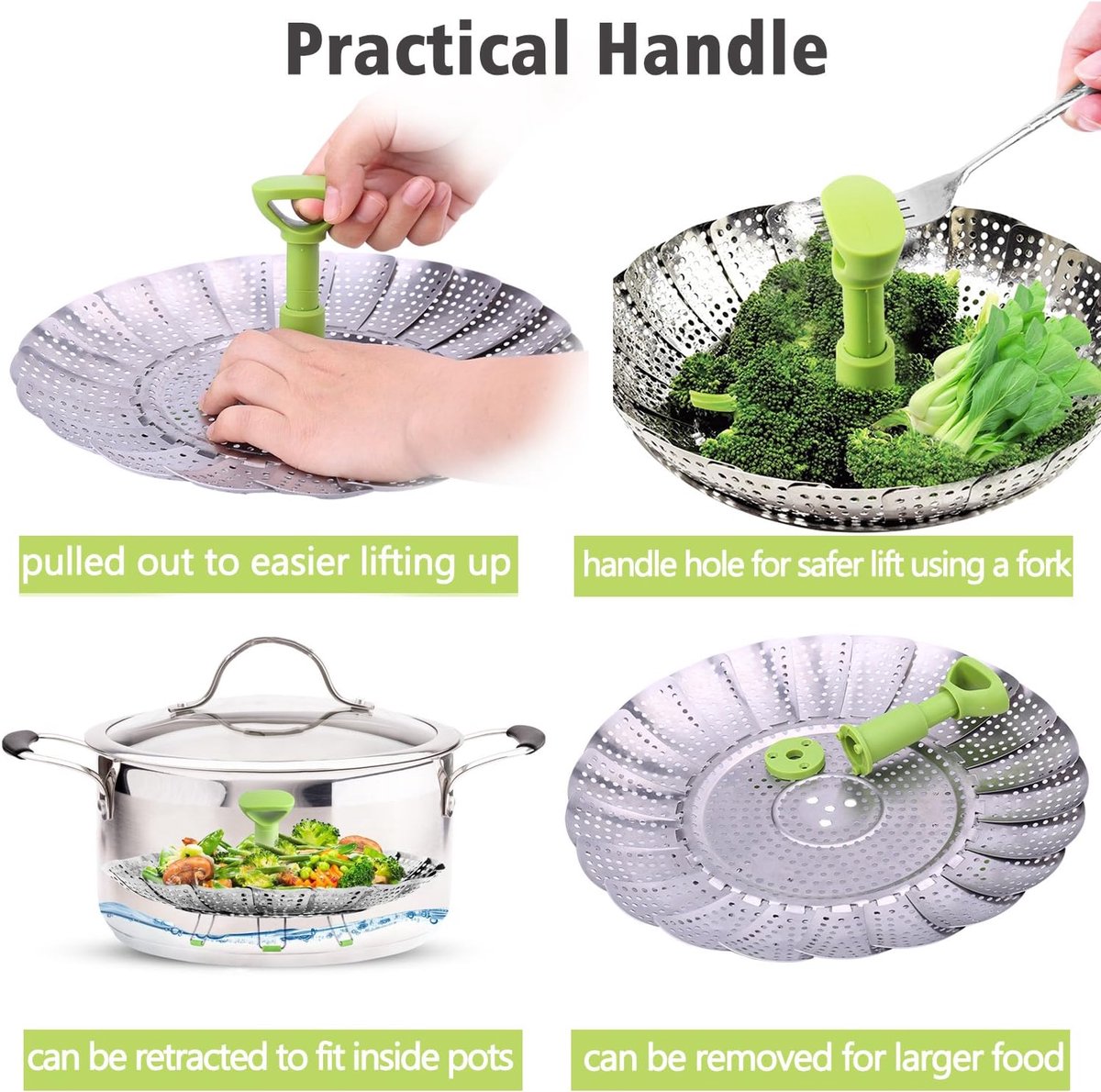 Vegetable steamer - Steamer basket - Stainless steel steamer - Fits all pans - Retractable - Adjustable - V1188-MS101-03206-1