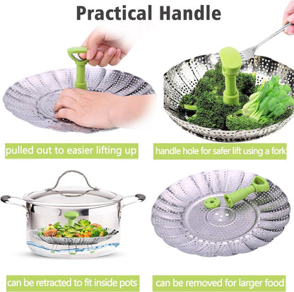 Vegetable steamer - Steamer basket - Stainless steel steamer - Fits all pans - Retractable - Adjustable - V1188-MS101-03206-1