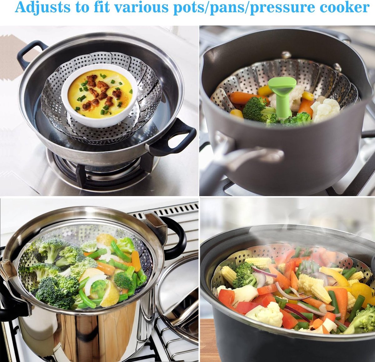 Vegetable steamer - Steamer basket - Stainless steel steamer - Fits all pans - Retractable - Adjustable - V1188-MS101-03206-1