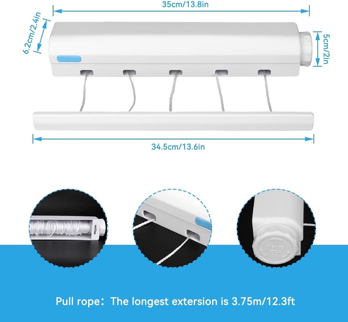 Extendable clothesline - Retractable clothesline - 5 lines of 3.75 m each - Roll-up clothesline - Clothesline V1188-MS101-03226-1