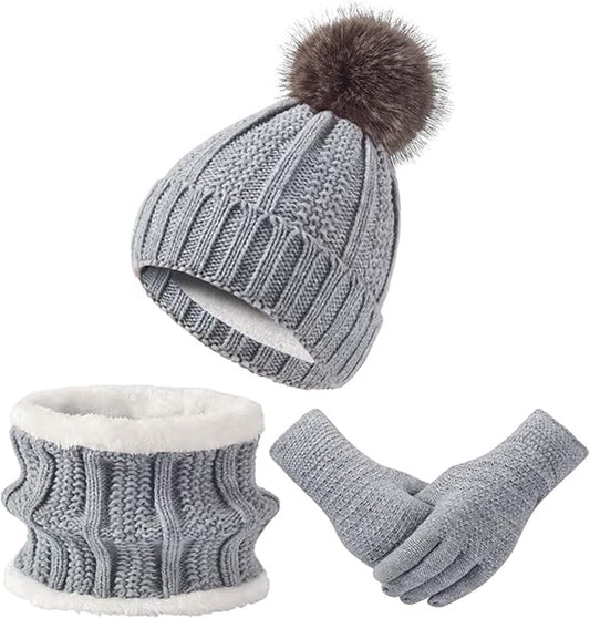 Hat with pompom, scarf and gloves - Three-piece Winter set - knitted fabrics - Warm Baggy Ski Hat - Winter V1188-MS101-03233-1