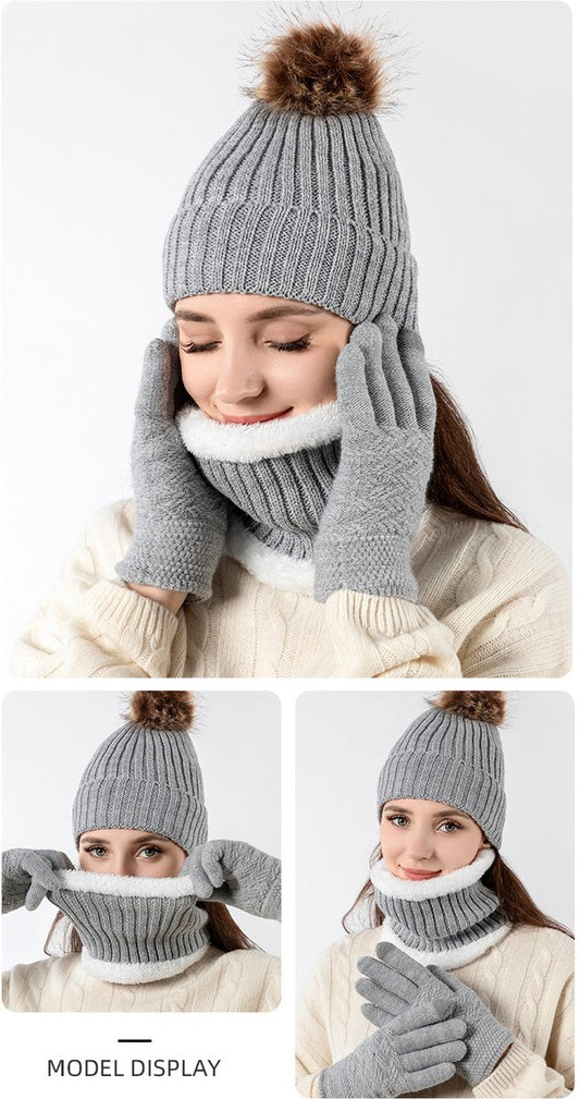 Hat with pompom, scarf and gloves - Three-piece Winter set - knitted fabrics - Warm Baggy Ski Hat - Winter V1188-MS101-03233-1