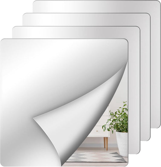 4 Pack Full Length Wall Mirror - 12 x 12 Inch Acrylic Mirror Tiles - Wall Stickers - Adhesive Mirrors - Door V1188-MS101-03300-1