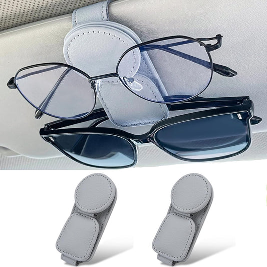 Sunglasses Holder for Car Sun Visor - 2 Pieces - Sunglasses Holder for Car Visor - Grey - Magnetic Leather V1188-MS101-03310-1
