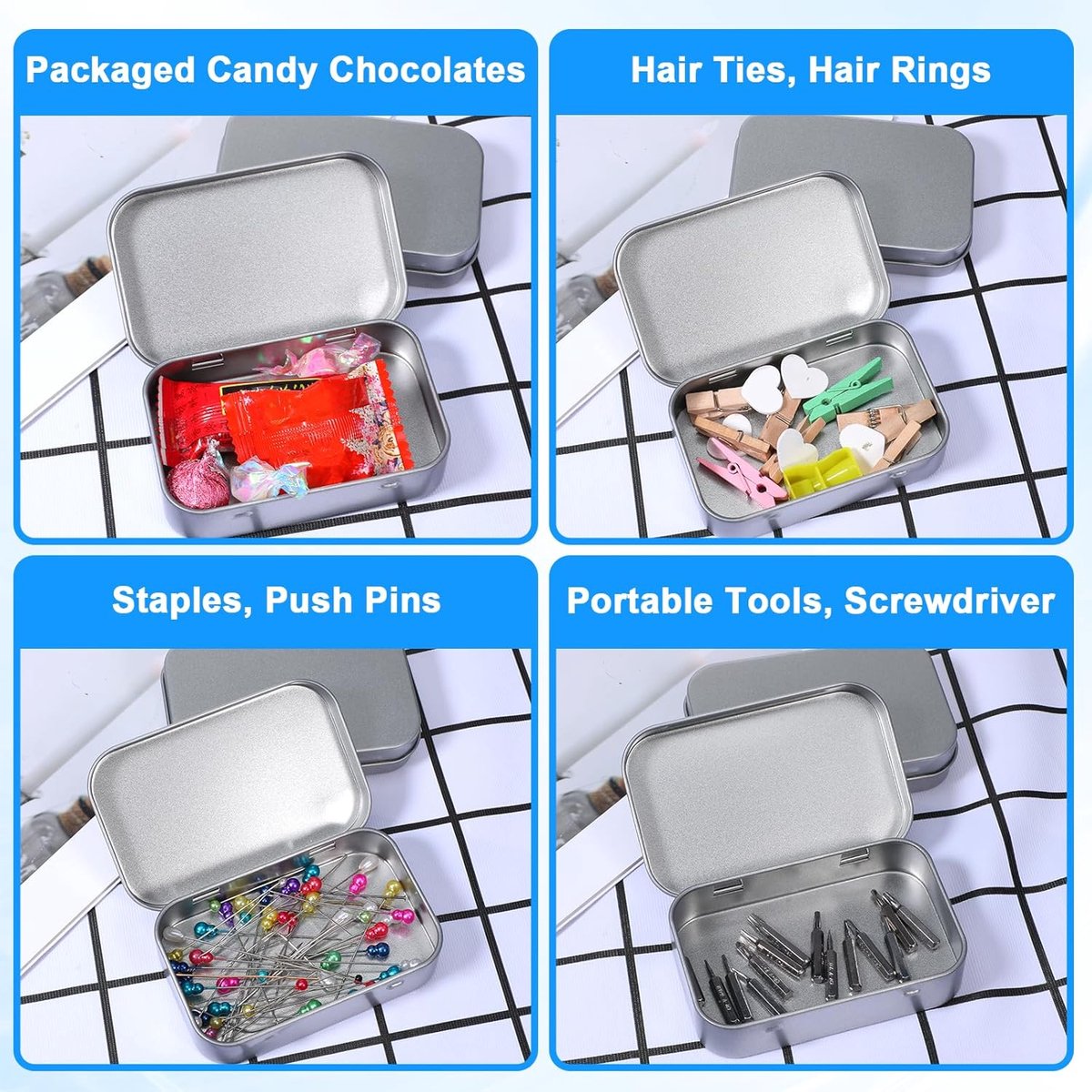 Mini Tin Cans - Pack of 3 - Storage Box - Metal - Hinged Tin Can - With Lid - Rectangular Tin Can - Mini V1188-NK-BOL-135