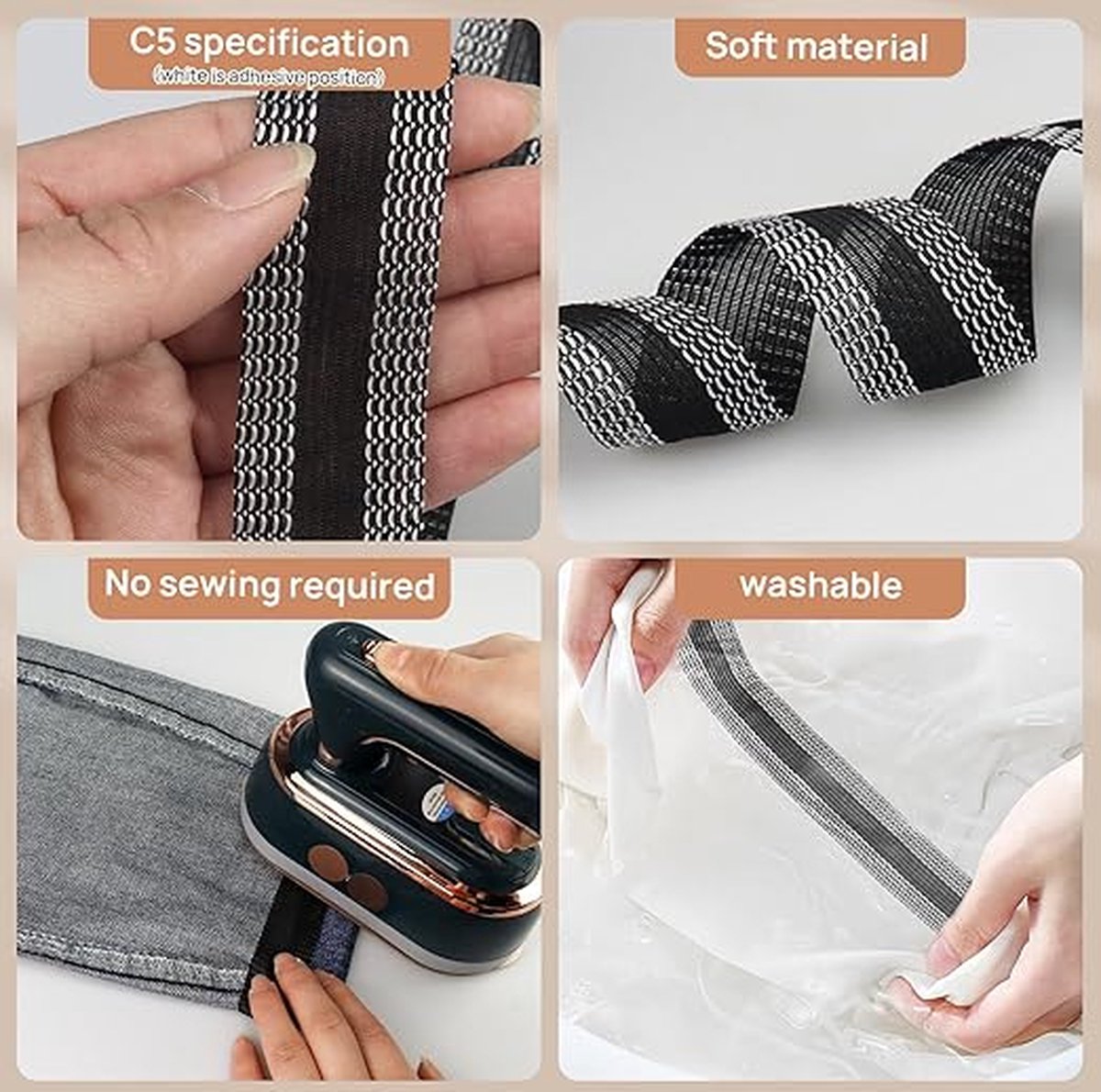 Iron-on tape - Shorten trousers - Shortening hem tape - Black - 5 meters V1188-NK-BOL-172