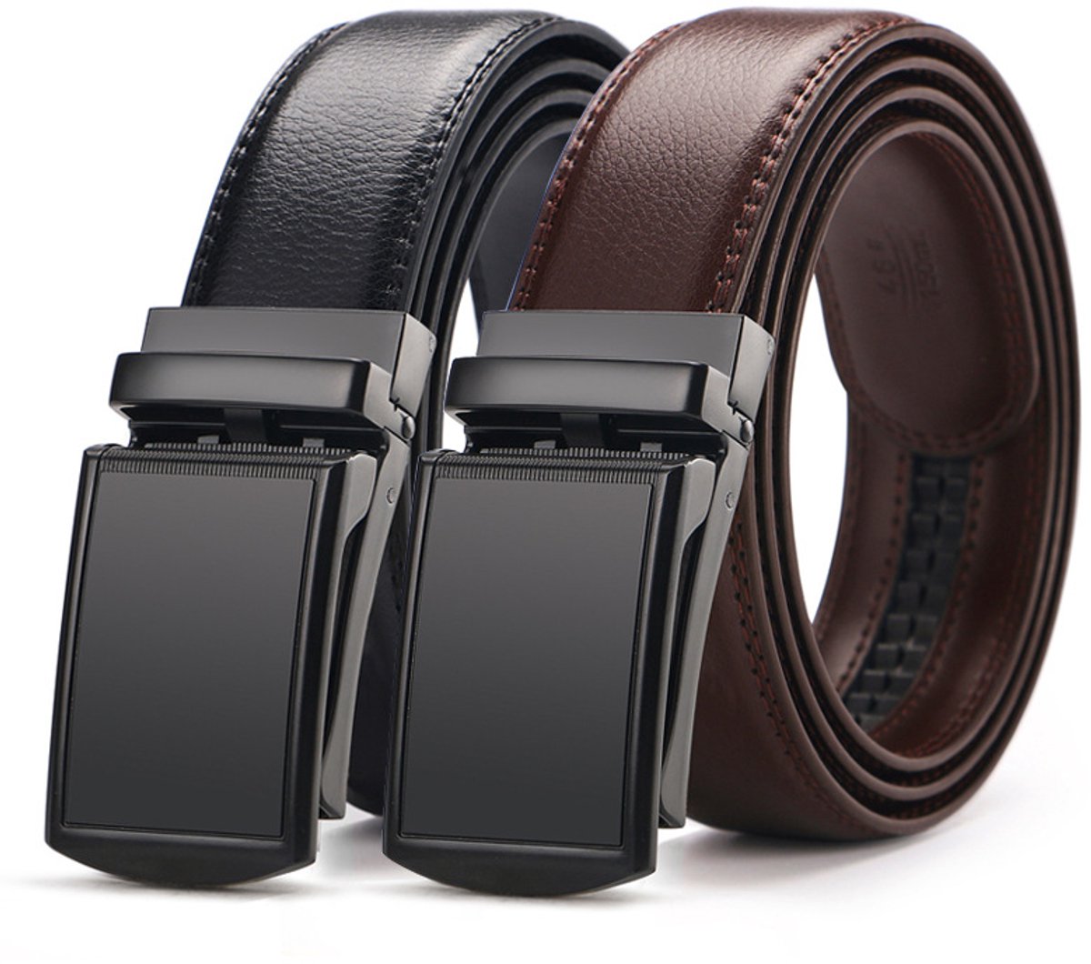 2 pieces - Men's Belt - Leather Belt - Adjustable - Gift Men - Shortenable - Gift Man - Cow Leather - Black & V1188-NK-BOL-2