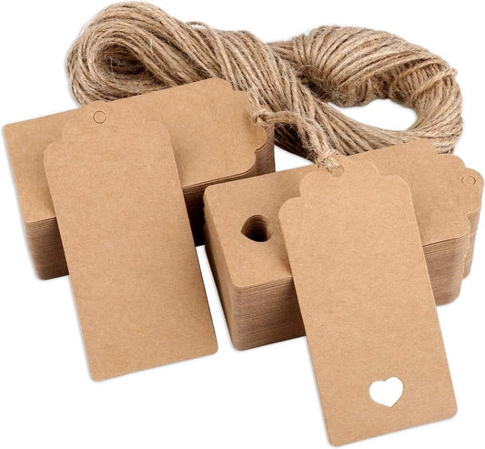100x Kraft Cardboard Labels - With 100 Jute Rope - Gift Tags - 9.5 x 4.5 CM - Heart - Writable - Cardboard V1188-NK-BOL-220