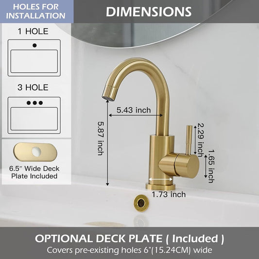 Faucet - Kitchen Faucet - Sink Faucet - 360 degrees Rotatable Mixer Tap - Stainless Steel - Gold - with Cover V1188-NK-BOL-231