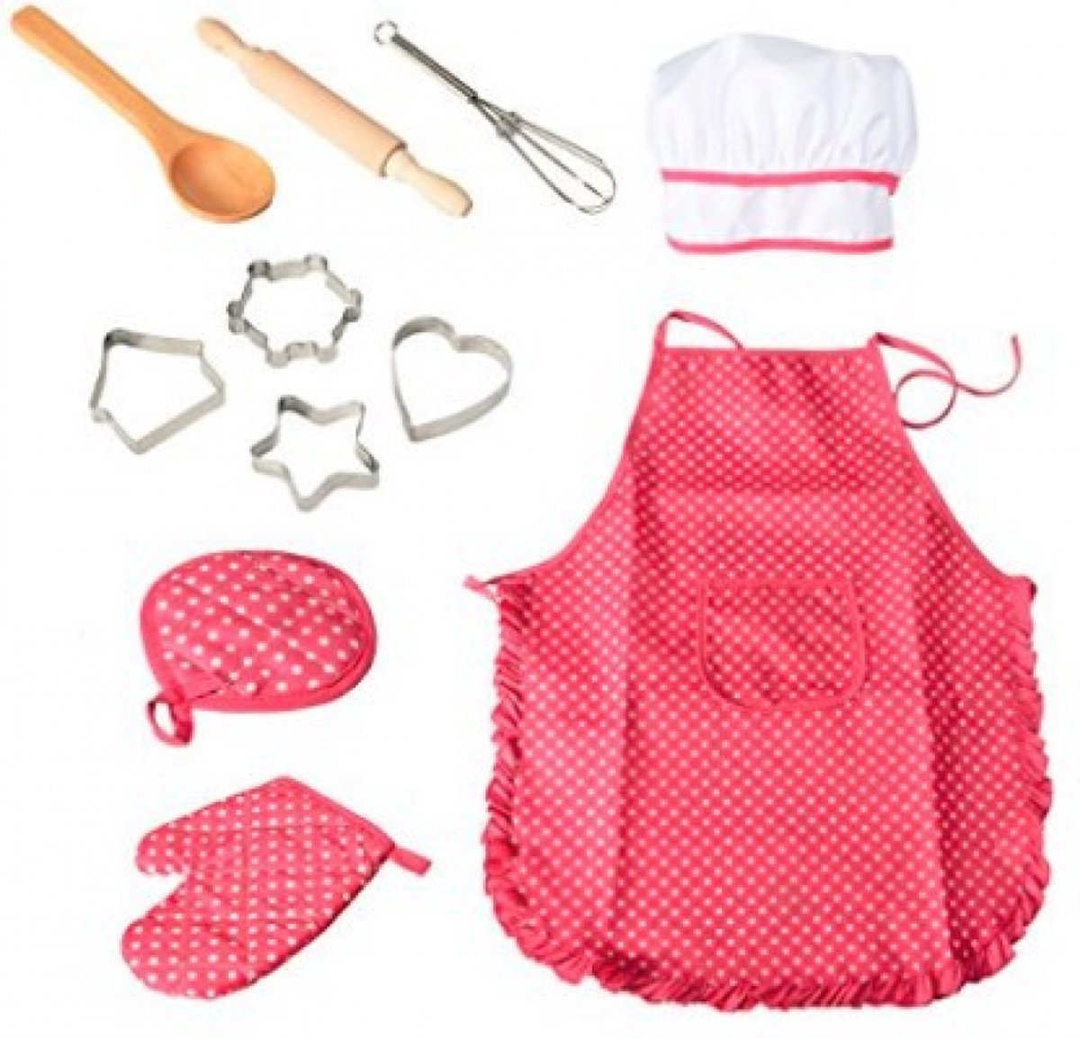 Set of 11 pieces - Kitchen apron - Kitchen - Children's cooking apron tool set - pink red - 28*23.5*2.8cm - V1188-NK-BOL-296