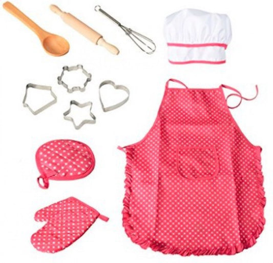 Set of 11 pieces - Kitchen apron - Kitchen - Children's cooking apron tool set - pink red - 28*23.5*2.8cm - V1188-NK-BOL-296