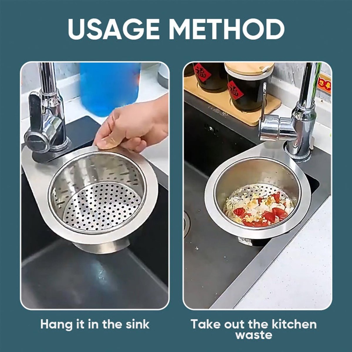 Colander - Sink Colander - 21*5.8 cm - Kitchen Utensils - Kitchen Colander - Silver - Stainless Steel - Sink V1188-NK-BOL-301