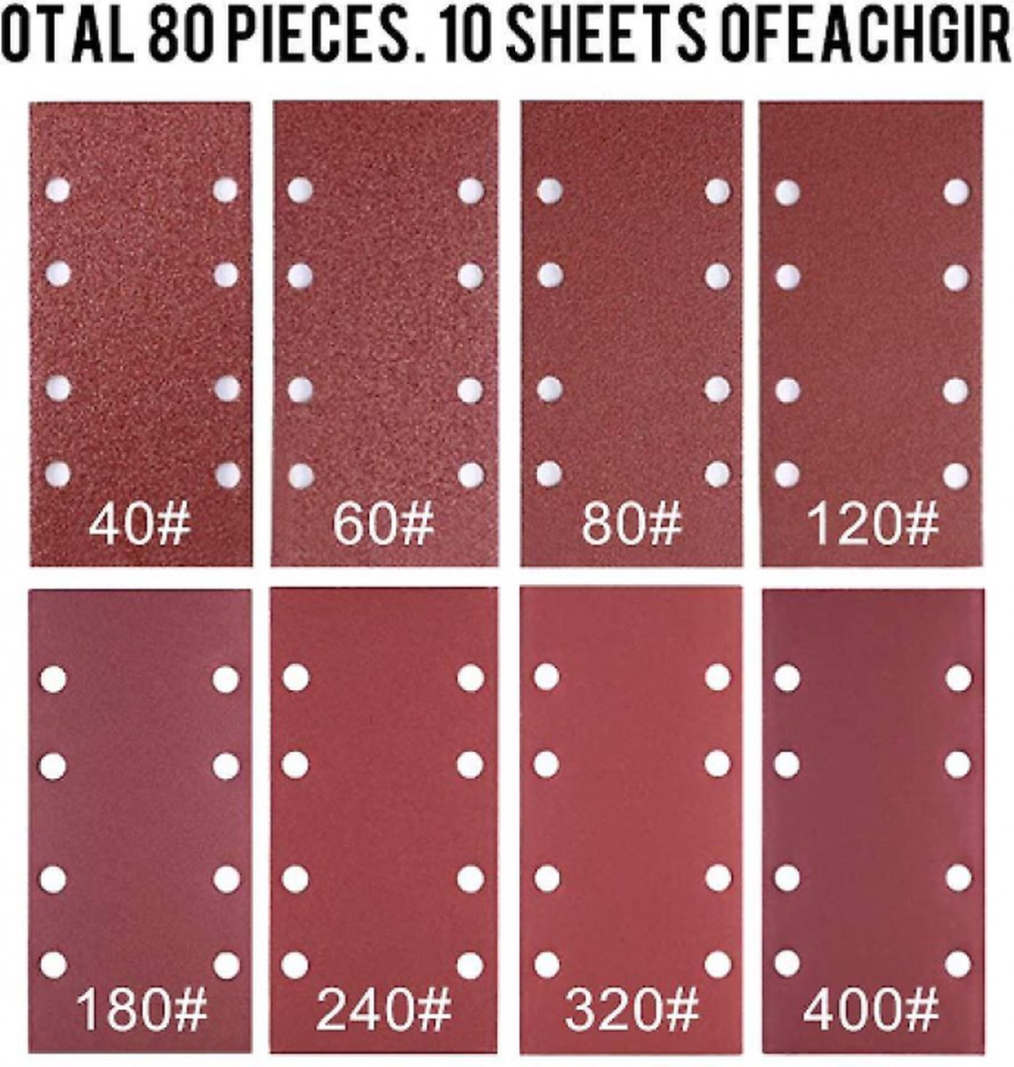 80 pieces - Sanding sheets - Sandpaper set - 40/60/80/120/180/240/320/400 grit - rectangular flocked V1188-NK-BOL-390