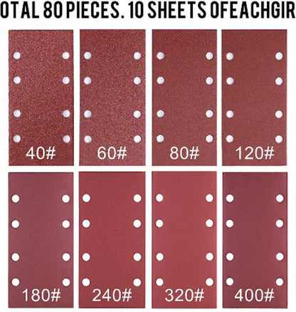 80 pieces - Sanding sheets - Sandpaper set - 40/60/80/120/180/240/320/400 grit - rectangular flocked V1188-NK-BOL-390