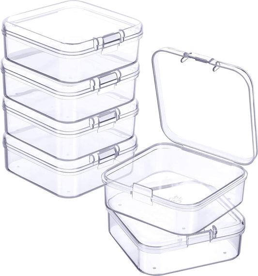 6 Pieces - Small Clear Plastic Storage Box Containers with Hinged Lids - L 5.5 x W 5.5 x H 2cm - Mini Boxes V1188-NK-BOL-398