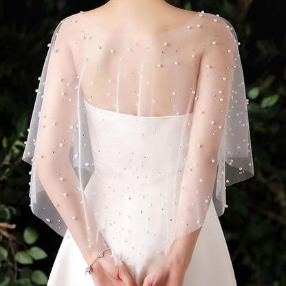 Poncho - Cape - Stole - Shawl - Artificial Pearl Capelet - Chiffon - Wedding - Party - Bride - Gala - Evening V1188-NK-BOL-412