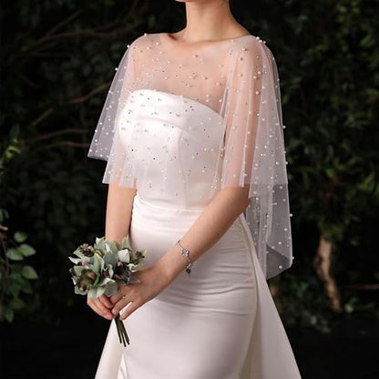 Poncho - Cape - Stole - Shawl - Artificial Pearl Capelet - Chiffon - Wedding - Party - Bride - Gala - Evening V1188-NK-BOL-412
