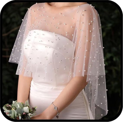 Poncho - Cape - Stole - Shawl - Artificial Pearl Capelet - Chiffon - Wedding - Party - Bride - Gala - Evening V1188-NK-BOL-412