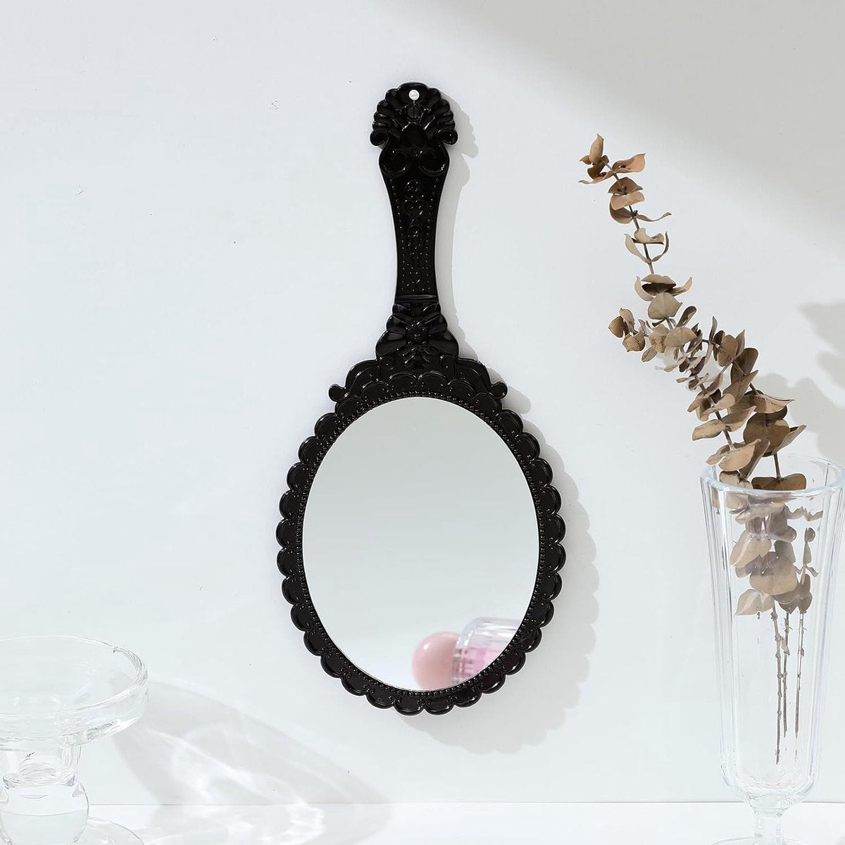 Hand Mirror with Handle - Make-up Mirror - Make-up Mirror - Oval Mirror - Travel Mirror - 12 x 10 cm Mirror V1188-NK-BOL-418