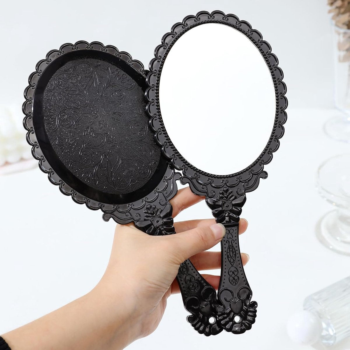 Hand Mirror with Handle - Make-up Mirror - Make-up Mirror - Oval Mirror - Travel Mirror - 12 x 10 cm Mirror V1188-NK-BOL-418