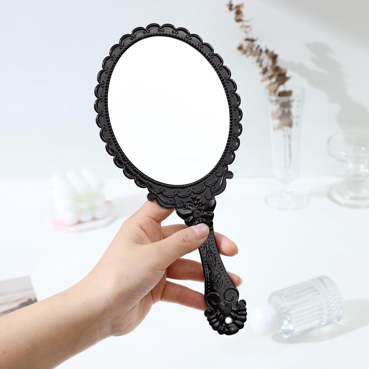 Hand Mirror with Handle - Make-up Mirror - Make-up Mirror - Oval Mirror - Travel Mirror - 12 x 10 cm Mirror V1188-NK-BOL-418