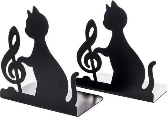 Metal Bookends - Set of 2 - Heavy Duty Black Metal Bookends - Cat Music Note - Non-Slip Durable Sturdy Book V1188-NK-BOL-439