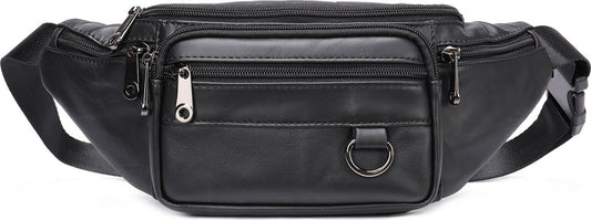 Belt bag - Phone bag - Crossbody - Pouch bag - Leather - Black - 19 x 11 x 3 cm - 6 compartments - Durable - V1188-NK-BOL-463