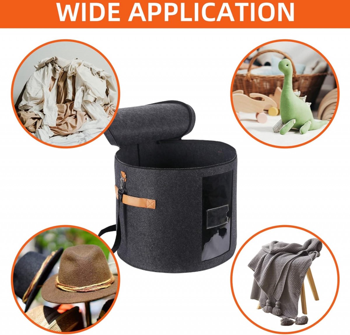 Hat box - storage boxes - Hat storage box - round - dark gray - 50 x 43 cm - felt - foldable - with lid and V1188-NK-BOL-495