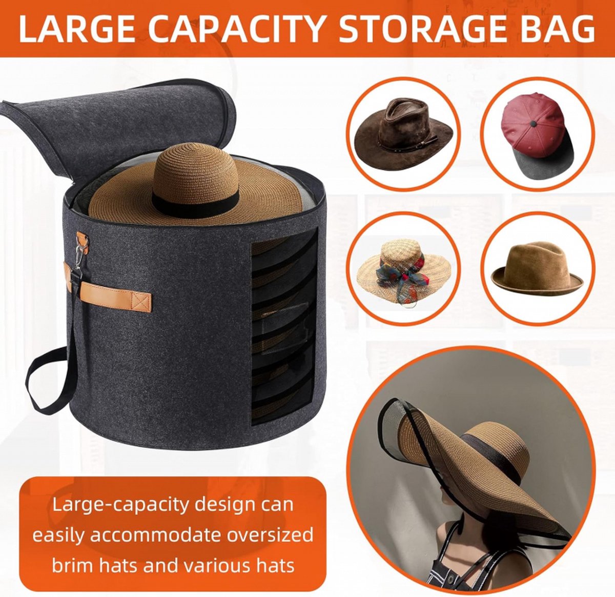 Hat box - storage boxes - Hat storage box - round - dark gray - 50 x 43 cm - felt - foldable - with lid and V1188-NK-BOL-495