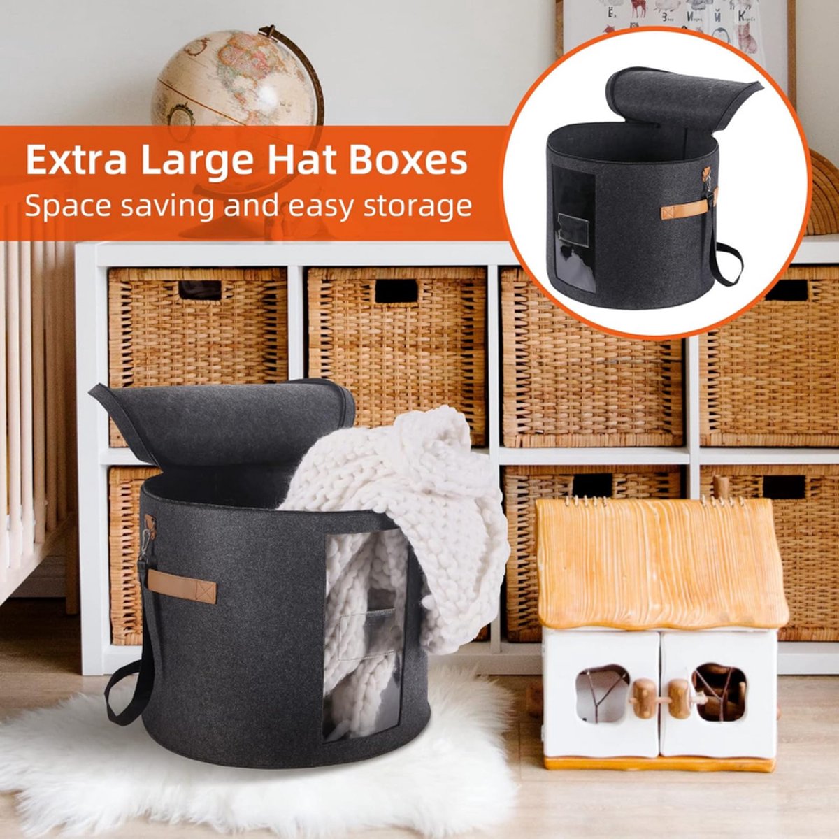 Hat box - storage boxes - Hat storage box - round - dark gray - 50 x 43 cm - felt - foldable - with lid and V1188-NK-BOL-495