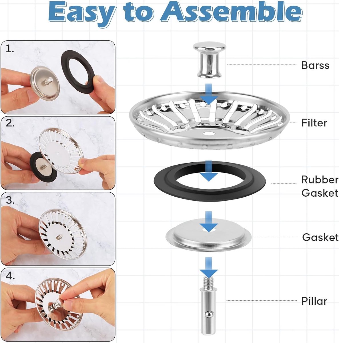 Sink Drain Plug - 2 pieces - Drain stopper - Strainer - 84mm - Stainless steel - Silver V1188-NK-BOL-531