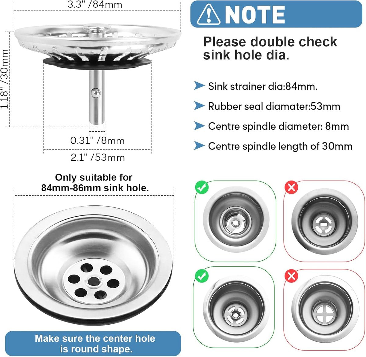 Sink Drain Plug - 2 pieces - Drain stopper - Strainer - 84mm - Stainless steel - Silver V1188-NK-BOL-531