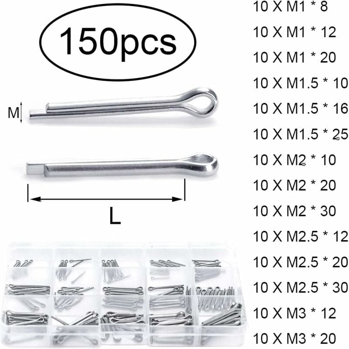 Split pins - 150 pieces - 15 different sizes - stainless steel - silver - for small mechanic repairs V1188-NK-BOL-578