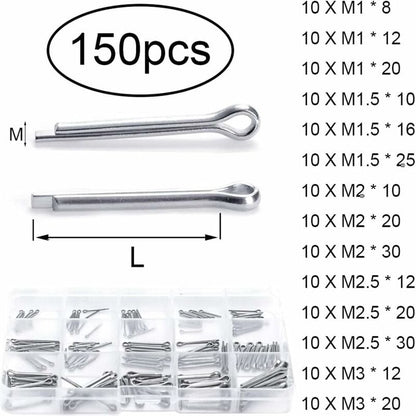 Split pins - 150 pieces - 15 different sizes - stainless steel - silver - for small mechanic repairs V1188-NK-BOL-578