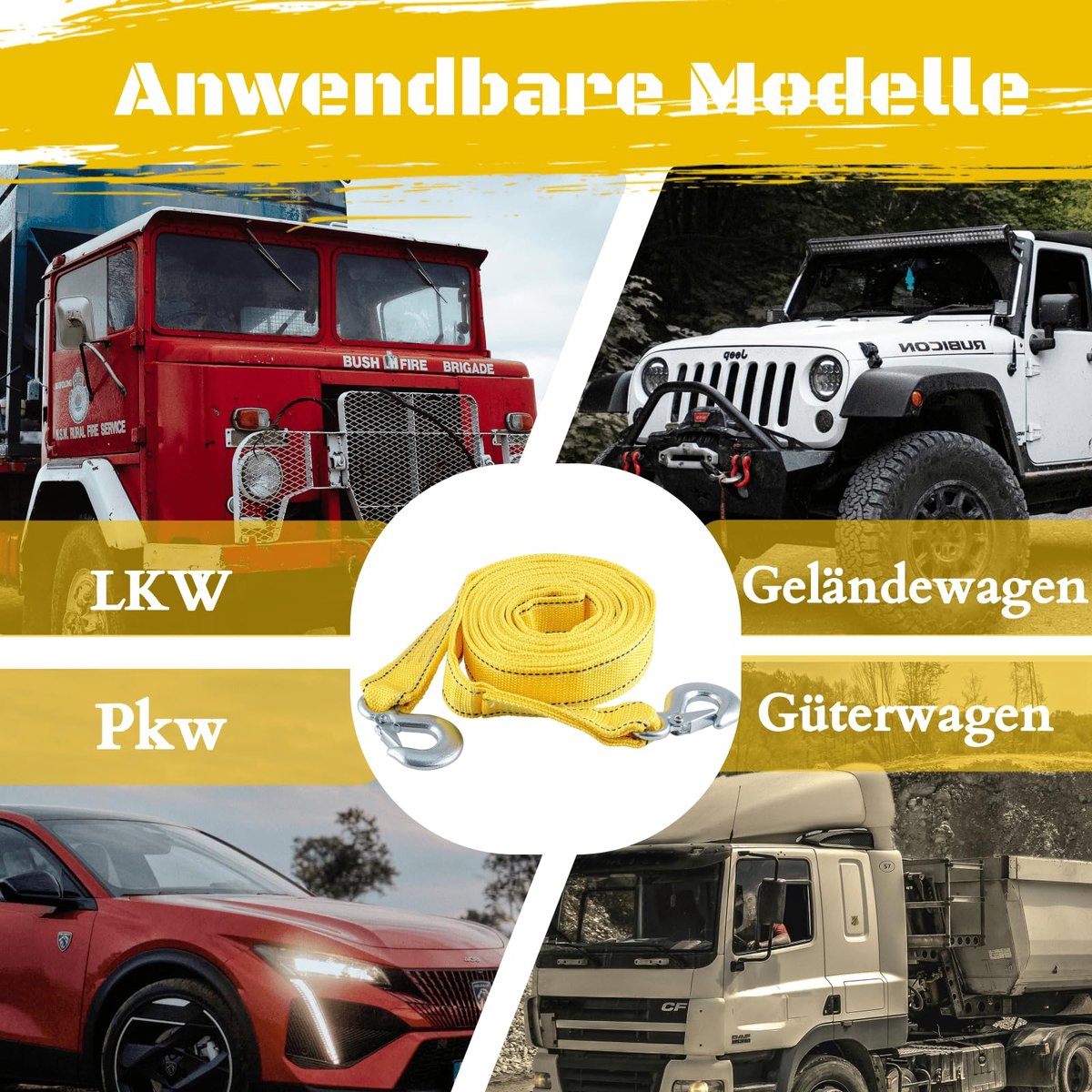 Tow rope Tow strap Tow rope car - 4 m 5000KG - nylon and steel - yellow V1188-NK-BOL-586