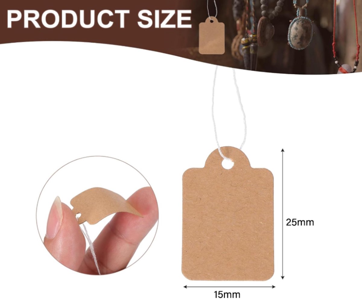 300 pcs - Price tags - Price tags Hang Tags with String - 15 x 25 mm - Hangtag - Tags - Brown - Kraft V1188-NK-BOL-603