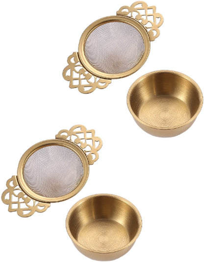 2 pieces - Tea strainer - Tea strainer - With handle and drip plate - gold - Tea filter for loose tea - Tea V1188-NK-BOL-609