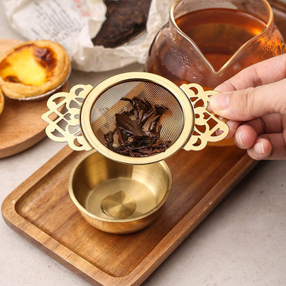 2 pieces - Tea strainer - Tea strainer - With handle and drip plate - gold - Tea filter for loose tea - Tea V1188-NK-BOL-609