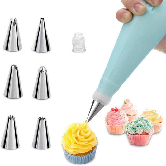 Silicone Piping Bags and Nozzles Set - With 6 Nozzles - Reusable Pastry Icing Bags - For Cupcakes, Cookies, V1188-NK-BOL-614