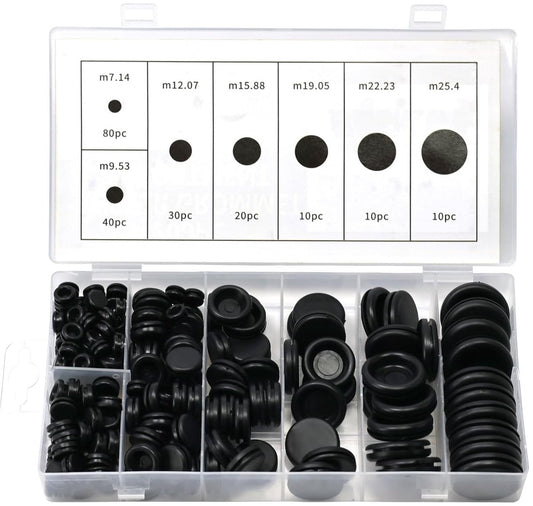 Rubber Grommet - Pack of 200 - Black - 7mm/9mm/12mm/16mm/20mm/22mm/25mm - Closed Rubber Grommet - For Wire, V1188-NK-BOL-618