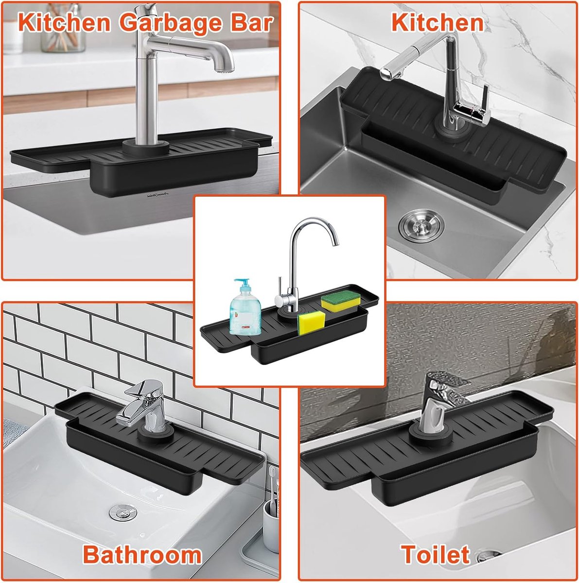 Silicone tap mat with sponge holder - tap drain mat - sink organizer - drain mat - BLACK - For kitchen, V1188-NK-BOL-638