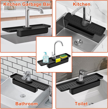 Silicone tap mat with sponge holder - tap drain mat - sink organizer - drain mat - BLACK - For kitchen, V1188-NK-BOL-638
