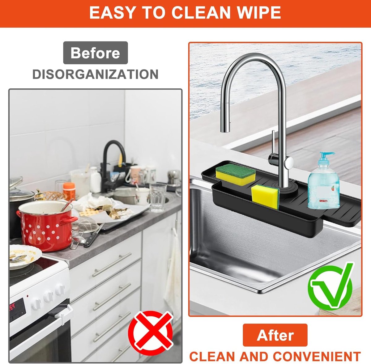 Silicone tap mat with sponge holder - tap drain mat - sink organizer - drain mat - BLACK - For kitchen, V1188-NK-BOL-638