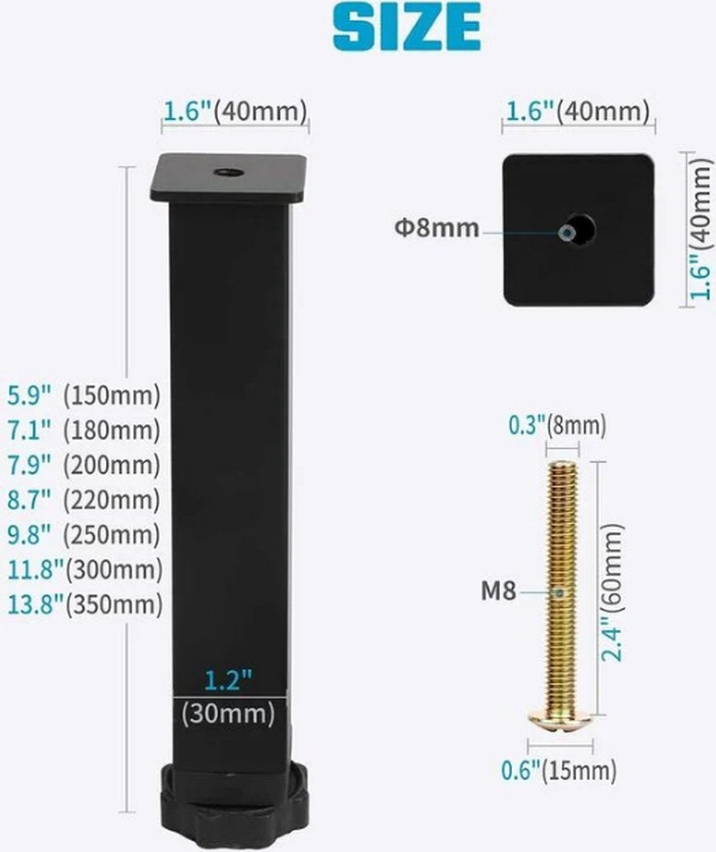 Bed frame support leg - 4 pieces - 35 cm (+2 cm) adjustable - black - cold-rolled iron - furniture support V1188-NK-BOL-643